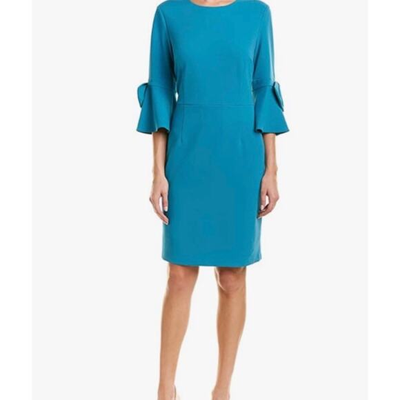 Donna Morgan Women’s 8 Blue Bell Sleeve Bow Midi Short Sleeve Cocktail Dress NWT - Picture 1 of 7
